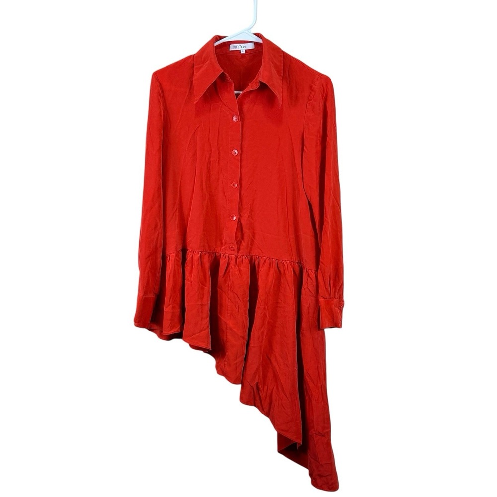 Tibi Women's 0 Orange Red Asymmetric Shirt 100% Silk Mini Shirt Dress Tunic Top‎